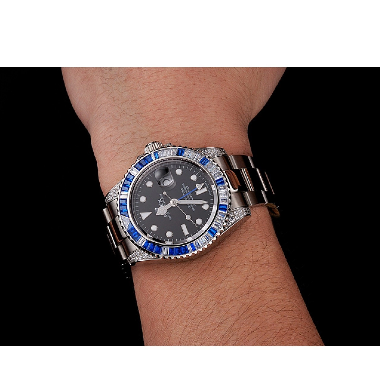 Best AAA Replica Sites Set Bracelet Dial Master Case Steel Stone Stainless Rolex Swiss Black 1453747 GMT II Bezel And 0620